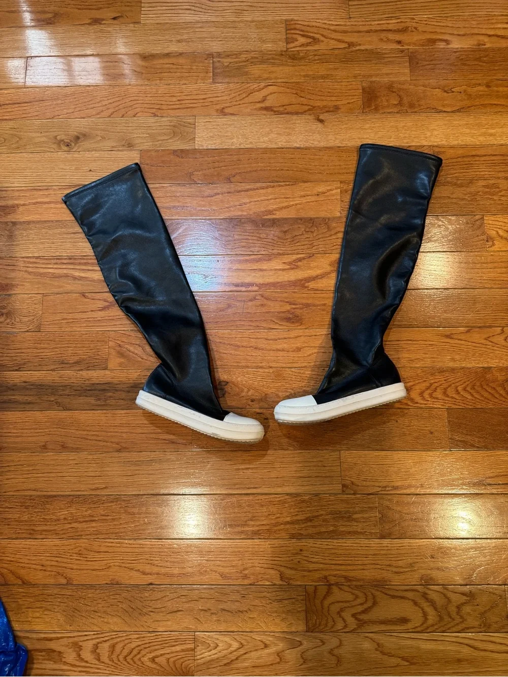 Rick Owens Thigh High Stretch Leather Sneaker Boots Black White EU 39 Italy